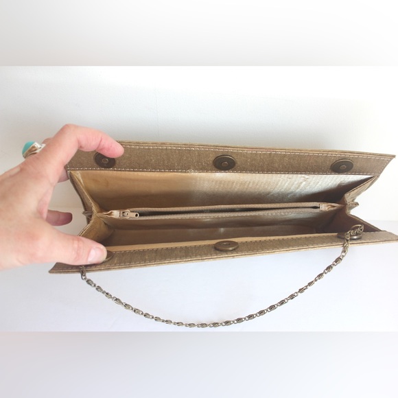 Gold Metallic Brocade Clutch with Brass Chain, Pattern Interior Pockets Evening - Picture 5 of 9